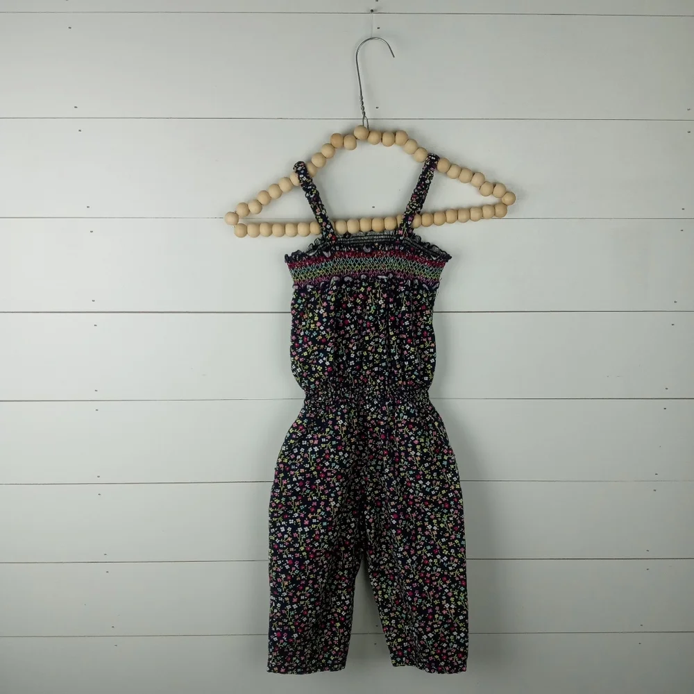 Cherokee girls size 3T ruffle smock small floral pant romper navy blue white